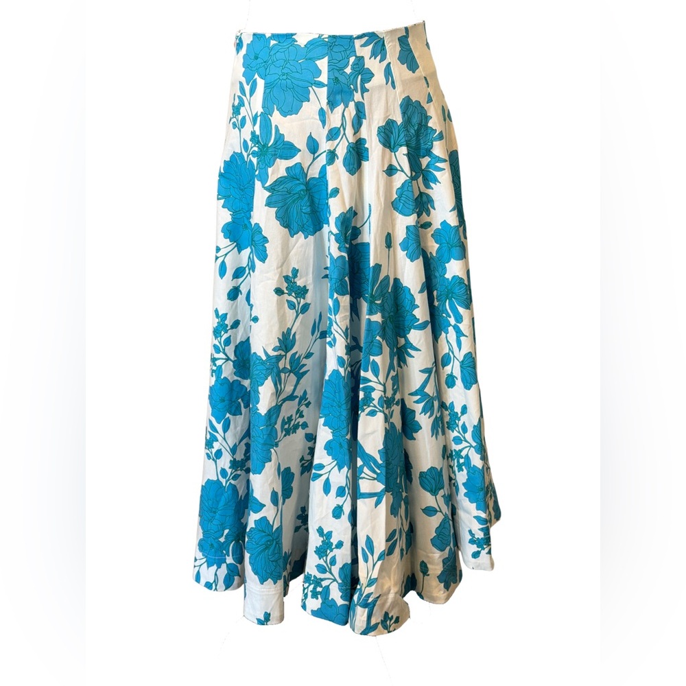 NWT MISA Los Angeles Floral Turquoise Blue/White Floral Women's Midi Skirt Large